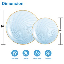 N9R 60PCS Blue for Party, Heavy Duty Disposable Plate with Gold Rim, Elegant Spiral Design 30 Dinner & 30 Dessert Plates for Wedding, Birthday(Translucent Blue)