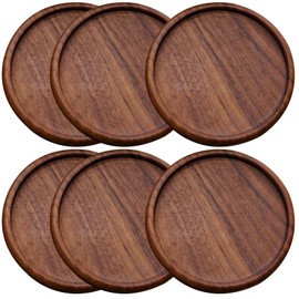 Walnut Wood Coasters Set of 6, 3.94 Inch Round Drink Coasters with Deep Groove Design, Dark Brown Wooden Cup Holders, Quality Table Protection for Hot and Cold Beverages