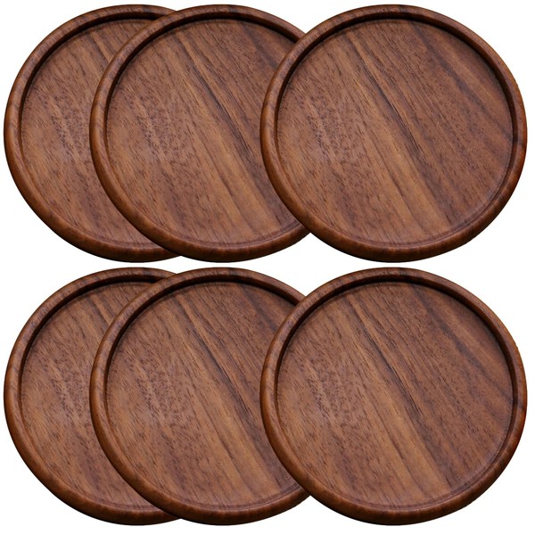 Walnut Wood Coasters Set of 6, 3.94 Inch Round Drink