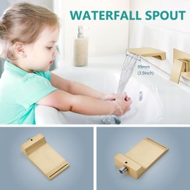 Aolemi Wall Mount Bathroom Faucet Waterfall Tub Filler, Single Handle Wall Mounted Sink Faucet with Valve, Brushed Gold