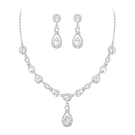 EleQueen Wedding Round Teardrop Crystal Costume Jewelry Set for Women, Gorgeous Bridal Pear-Shape Rhinestone Necklace Earring Sets for Bride Bridesmaid Clear Silver-Tone