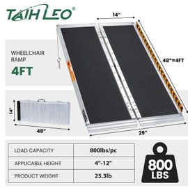 TaiH Leo TaiH Leo Wheelchair Ramp 4 Feet, Portable Ramps for Wheelchairs for Home, 800LBS Capacity Folding Non-Slip Aluminum Handicap Ramp, Wheel Chair Ramp for Home Steps, Stairs, Doorways, Car, Curbs
