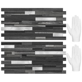 STICKGOO 20 Sheets Peel and Stick Backsplash Tile, Stick on Backsplash for Kitchen and Bathroom, Black Grey Wood Look PVC Mixed Metal Silver Self Adhesive Wall Tiles
