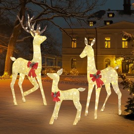 mollie 3 Pieces Lighted Christmas Reindeer Family, Lighted Deer Xmas Decoration w/ 360 Warm Lights, Stakes, Zip Ties for Yard Patio Lawn Garden, Gold