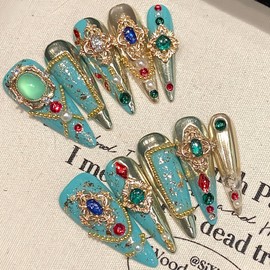 10Pcs Handmade Press On Nails Turquoise Gold Luxury – Long Coffin Fake Nails with Rhinestones, Pearls & 3D Gem Design – Baroque Style Glue on Nails for Women Party Holiday Look
