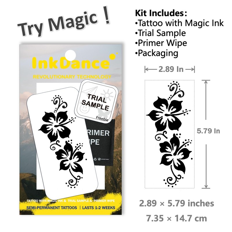 Semi-Permanent Tattoo, Tribal Hibiscus Vine, Long Lasting Temporary Tattoos, Waterproof
