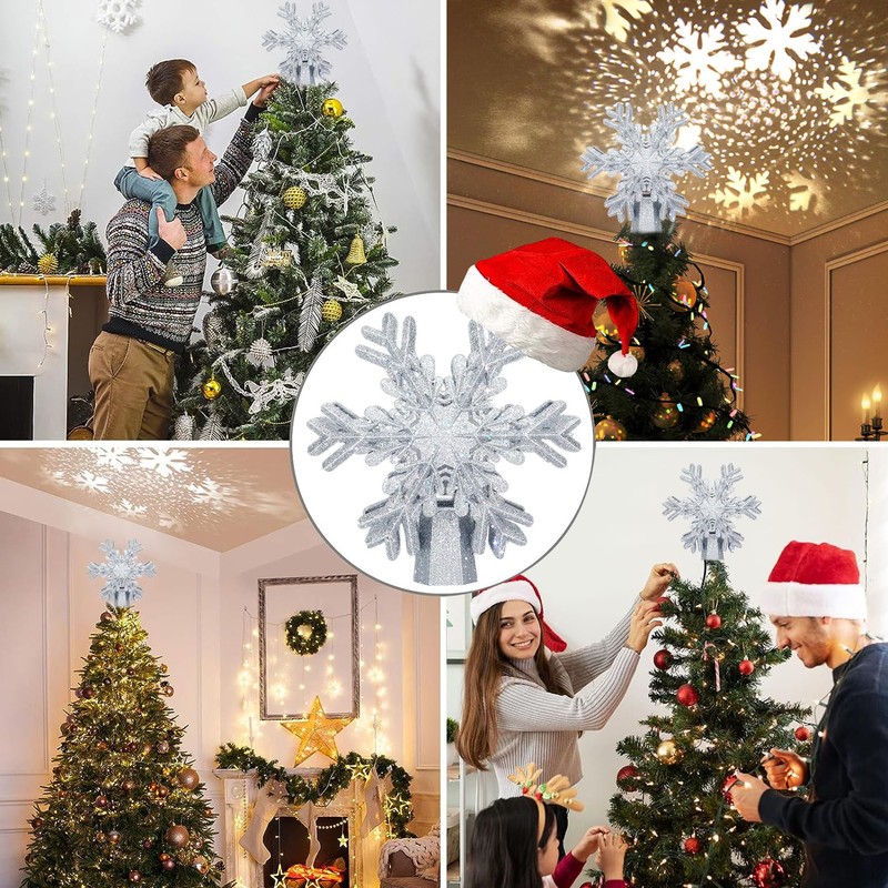 AOMIL Christmas Tree Topper, 3D Rotating Silver Snowflake Pattern Projector
