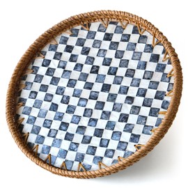 Round Rattan Tray with Mother of Pearl Inlay, Wicker Serving Tray Mother for Decor, Rattan Round Wicker Coffee Table Tray for Coffe Friut Bread Checkerboard