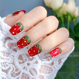 Handmade Press-On Nails with Hand-Painted Strawberry Design in Short Square Shape, Reusable Hand-Painted Nails, Including Tool Kit, 10 Pieces (SHN017-M, Medium)