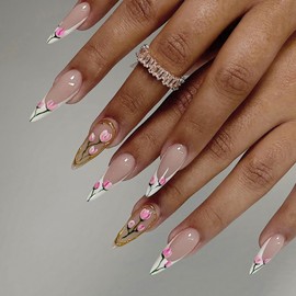 Press on Nails Almond Medium Length Glossy Full Cover Acrylic White French False Nails with Pink Floral Designs Artificial Almond Shaped Fake Nails with Charms Glue on Fingernails for Women Girls