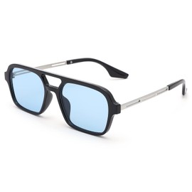 Pro Acme Vintage 70s Flat Pilot Sunglasses for Women Men, Small Frame Rectangular Glasses UV400 Protection Shades (Black Frame | Blue Lens)