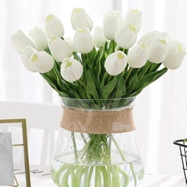 Maomoto 20 Pcs White Artificial Tulips Flowers, PU Faux Tulips,13”Real Touch Fake Flowers for Mother's Day Easter Valentine’s Day Gifts Home Kitchen Wedding Decorations