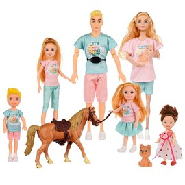 Family Dolls Set of 7 People with Puppies and Horse Accessories Including 11.5 Inch Pregnant Mum, Dad, 4 Children and a Baby in Mother's Belly for 3-12 Years Toddler Gift (Gift Box Package)