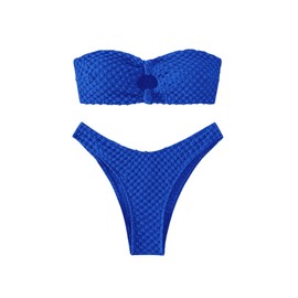 SHENHE - Traje de baño de 2 piezas sin tirantes con anillo o de corte alto, bandeau para mujer, Azul(Textured Royal Blue), Large
