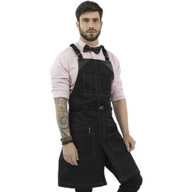 Under NY Sky Cross-Back Barber Black Apron – Heavy-Duty Nylon, Water and Chemical Resistant, Zipped Pockets, No-Tie, Split-Leg – Adjustable for Men, Women – Pro Hair Stylist, Salon, Colorist, Artist
