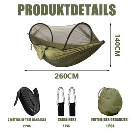 Hängematte Camping,260 x 140 cm Outdoor Hängematte,Tragbare Hängematte,Hängematte Moskitonetz,300 kg Tragkraft Reisecamping Hängematte,Mit Aufhängegurten,Karabinern Und Reisetasche