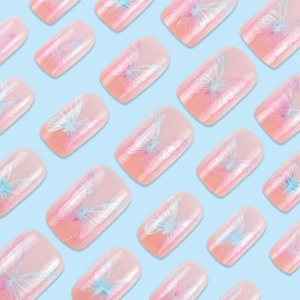 24PCS Press on Nails Short Square Fake Nails with Gradient Butterfly Designs Cute False Nails Full Cover Glossy Stick Nails Spring Summer Glue on Nails Acrylic Artificial Nails for Women Daily Wear