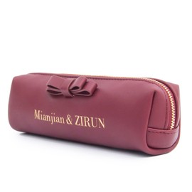 Mianjian & ZIRUN Ribbon Pen Case, Synthetic Leather, Metal Zipper, PU Leather, Large Capacity, Small Storage Case, Slim, Luxurious, Popular & Cute Pencil Case, Simple, Stylish, For Adults, BORDEAUX