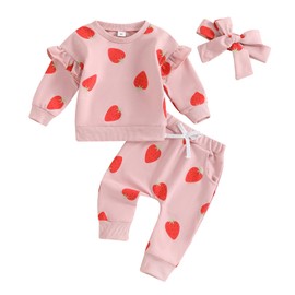 L&ieserram Toddler Baby Girls 3Pcs Outfit Set Strawberry Print Long Sleeve Sweatshirts Elastic Waist Pants Headband 0-3 Years Clothes (Pink, 0-6 Months)