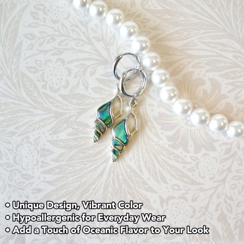 Abalone Shell Huggie Hoops Earrings, Cute Conch Shell Design, White