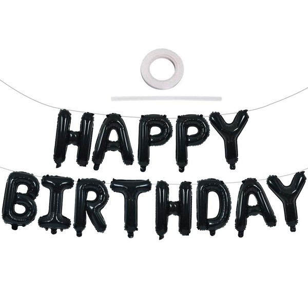 TONIFUL Black Happy Birthday Banner Balloons, 16 Inch Mylar Foil Letters Balloons Banner Reusable Ecofriendly Materialfor Birthday Decorations and Party Supplies(with Ribbon)