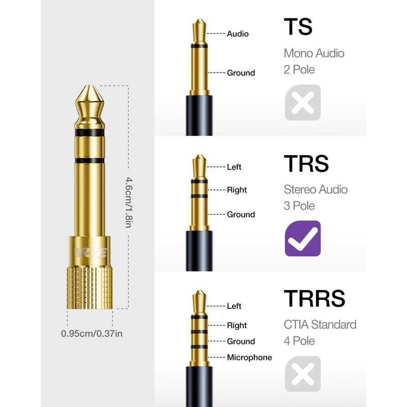 VCE 6.35mm (1/4 inch) Male to 3.5mm (1/8 inch) Female