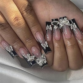 Black Press on Nails Long Square Fake Nails French Tip False Nails with Design 3D Butterfly Rhinestones Glue on Nails Glitter Glossy Stick on Nails Nude Artificial Nails for Women 24Pcs