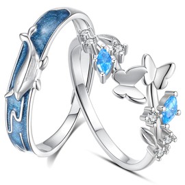 083BASE | PAIRING 925 SILVER WHALE & BUTTERFLY MOtif Blue Cubic Zirconia Crafted | Adjustable Size, Silver