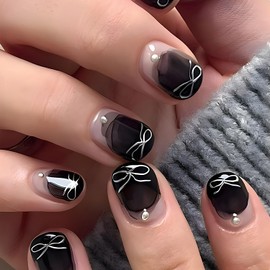 24Pcs Bow Press on Nails Short Length Black Fake Nails with Pearl Shine Reusable Cute Bows False Nails Square Shape Full Cover Bow-Knot Acrylic Nails Glue on Nails for Women Girls Nail Decoration