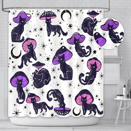 AIBIIN Cat Shower Curtain Fun Black Cat Mushroom Bath Curtains for Home Bathroom Washable Decorative Supplies with 12 Hooks 180x180cm