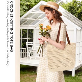 BINSUNS Crochet Bags for Women, Mesh Beach Tote Bag Aesthetic Shoulder Bag Handbags Aesthetic Knitting Summer Bag Vacation (Beige)