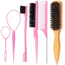 6PCS Hair Styling Tools Kit, Boar Bristle Wooden Brush, Rat Tail Metal Pin Parting Comb Edge Control Brush,Bristle Teasing Hair Brush Topsy Tail Loop 