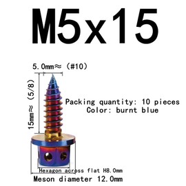 304 Stainless Steel Flange External Hexagonal self-Tapping Screws#8#10, Wood Screws, License Plate Screws, Motorcycle Screws, 10 Pieces, M4, M5 (PVD Blue Burning, M5x15mm=10pcs)