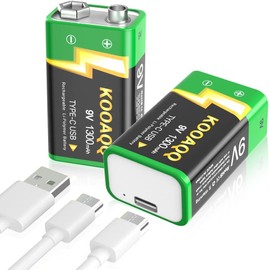 2-Pack Rechargeable 9V Batteries, High Capacity 1300mAh 9 Volt Lithium-ion Long Lasting Power, USB-C Recharge with 2 in 1 Charging Cable for Smoke Alarms,Multimeters,Toys,Microphones,Walkie-Talkie