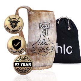 Horn mug beer mug for men, Ale horn mugs for christmas gift (L - 16 oz, Mjolnir | Polished)