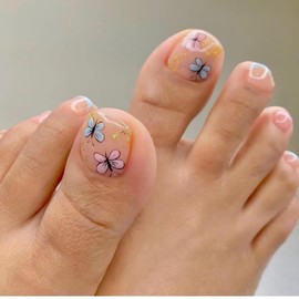 Butterfly Press on Toenails Gold Foil Fake Nails Short Square False Toes with Design Nude Glue on Toenails Glossy Acrylic Full Cover Stick on Toenails for Women Girls Foot Manicure 24 pcs