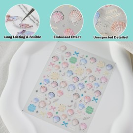 CESTSIREN Shell Beach Nail Stickers, Embossed Nail Decals, Self-Adhesive,Summer Vacation Nail Accessories & Supplies, Durable & Long-Lasting