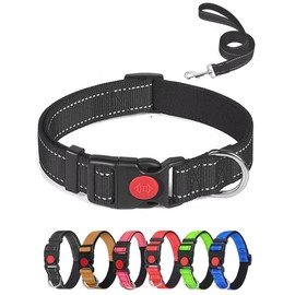 Aeclleca Reflective Dog Collar and Leash Set with Safety Locking Buckle，Adjustable Soft Nylon Pet Collars for Small Medium Dogs (Black, XL)