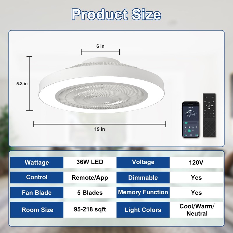 Depuley Modern Ceiling Fan with Light: 19" Bladeless Flush Mount
