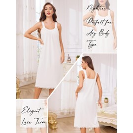 Vlazom Nighties for Women Sleeveless Cotton Nightgown Elegant Lace Trim Nightdress Sleep Shirt Sleepwear White,M