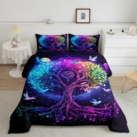 Tree of Life Bedding Set King Size Exotic Style Birds Tree Comforter Boys Girls Bedroom Decor Starry Galaxy Moon Sky Comforter Set Black Blue Purple Duvet Set 3Pcs Quilt Set with 2 Pillowcase