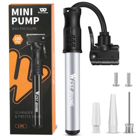 West Biking Mini Bicycle Pump - Aluminium Air Pump Bicycle All Valves, Portable Small Bicycle Pump, Quick Tyre Inflation, Lightweight Mini Bicycle Pump Air for MTB Road Bike Ball Pump (Silver)