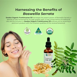 Soodox Organic Frankincense Oil - 100% Organic Essential Oil - 100% Boswellia Serrata - 100% Australian Made - Skin moisturizer, Aromatherapy Oil, Massage, Immune Support, Inflamation, Hair Growth, Scalp Strength, Nailcare - Comes in a Amber Glass Droppe