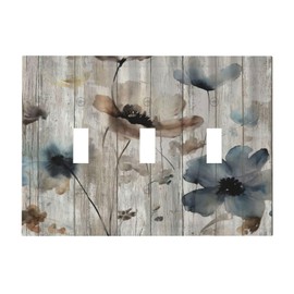Xuejiaku Decorative Switch Plate Covers Rustic Beige Blue Flower Vintage Grey Wood Plank Farmhouse Country 3 Gang Wall Plate Light Switch Cover Plate Triple Toggle Jumbo Electrical Faceplate