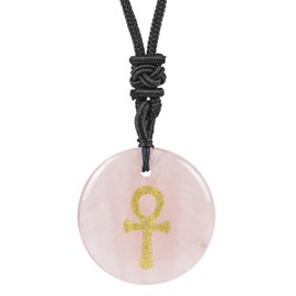 Lovionus89 Adjustable Egyptian Ankh Cross Engraved Round Stone Lucky Coin Amulet Pendant Necklace for Women Man, Rose Quartz