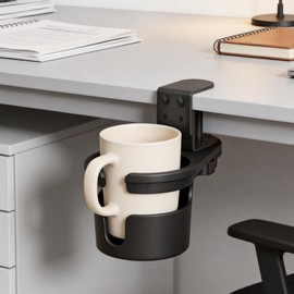 Drink Holder for Desk 360 Degree Rotation 3 Level Adjustable Clamp Fixed Steel Space Saving Office Home School (Black)