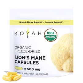 KOYAH Organic Lion's Mane Capsules - USA Grown, 100% Fruiting Body, Freeze-Dried, 3rd Party Tested for Beta-Glucans, 500 mg, Non-GMO, Vegan. Brain & Nerve Support. Immune Support. 60 Capsules