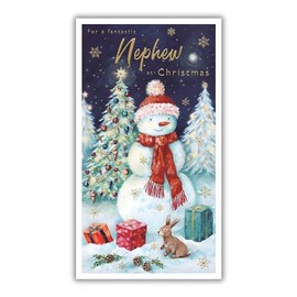 Nephew Christmas Card - Fantastic Nephew - Special Finishes - Snowman and Bunny Rabbit - Artistic Festive Design - Illustrated Insert Leaf - Made in the UK