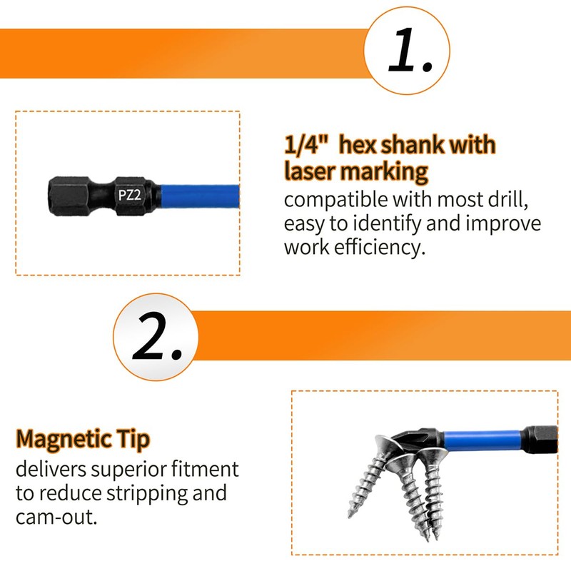 Meccion PZ2 Impact Driver Bits 50mm Length 10Pcs Professional Pozidriv