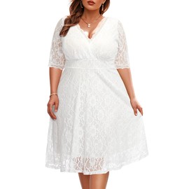 Women Lace V Neck Plus Size Wedding Dress White Bridal Shower Cocktail Ivory Bride Short Evening Semi-Formal Party Dress